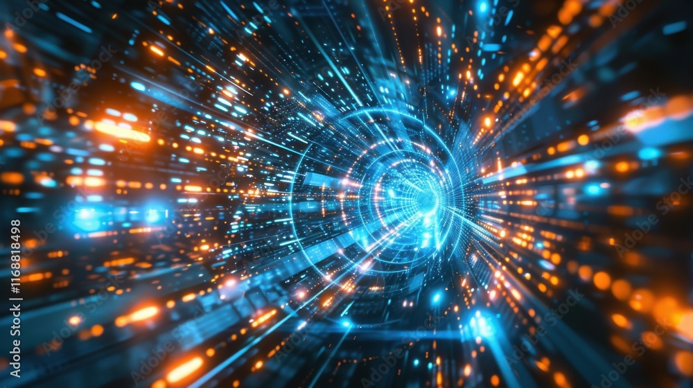 Aufkleber digital technology background with blue and orange lights, glowing digital data streams in the cente