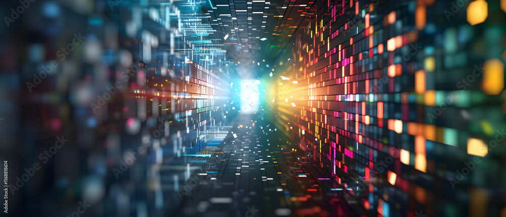 Poster abstract futuristic digital landscape with colorful light effects and geometric patterns in perspect