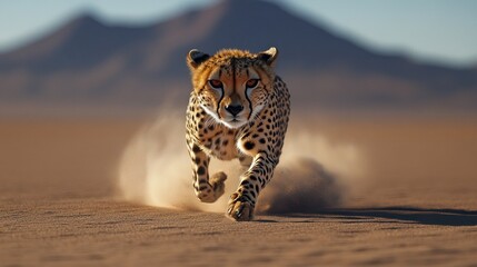 Cheetah running in desert, dust, speed, wildlife.