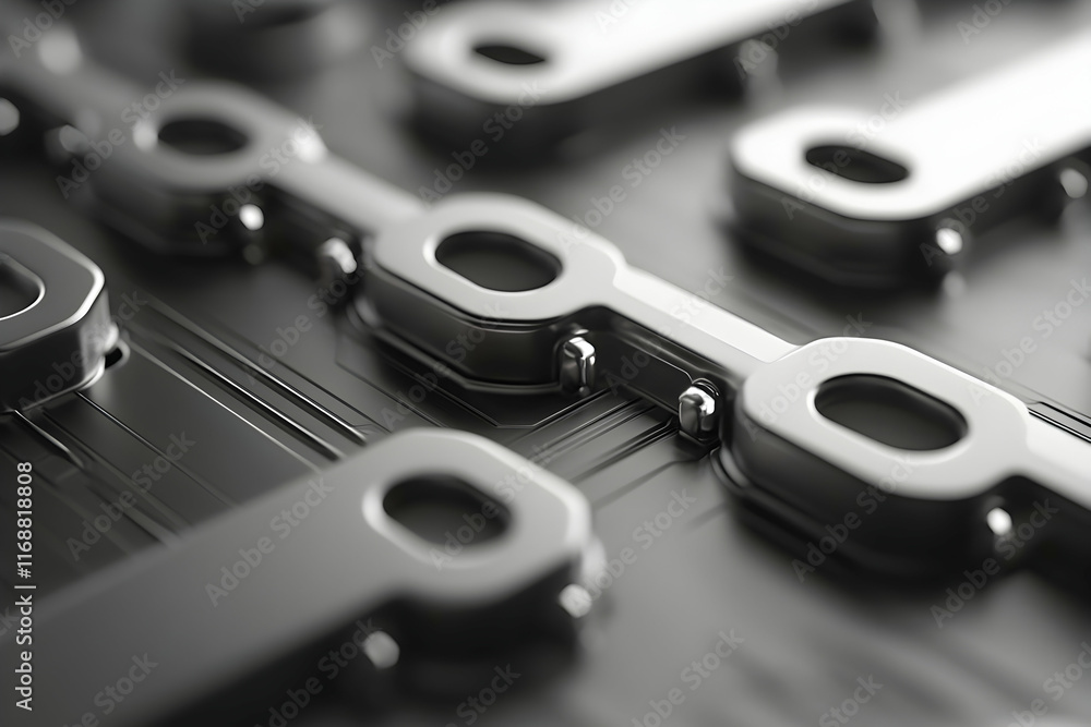 Poster abstract grayscale close-up of metallic circuit board components, showcasing intricate design and te