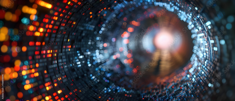 Poster digital abstract light tunnel with vibrant glowing particles and depth perception in a futuristic en