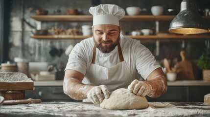 Baker preparing dough in a quiet kitchen, each movement rhythmic and intentional, focus, goalsetting, direction