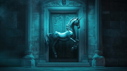A Metallic Unicorn Stands Before An Ornate Doorway