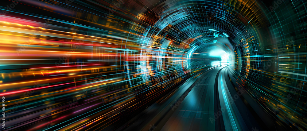 Poster futuristic light trail movement through tunnel with abstract digital patterns and colors in motion