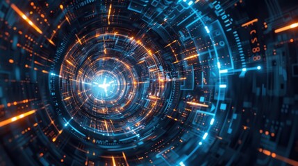 Digital technology background with blue and orange lights, glowing digital data streams in the center of abstract futuristic space tunnel or dark corridor with light particles