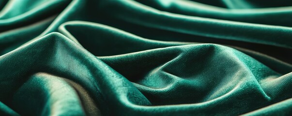 Fototapeta premium Velvet abstract background concept. Close-up of exquisite emerald green velvet fabric with rich texture and sheen.