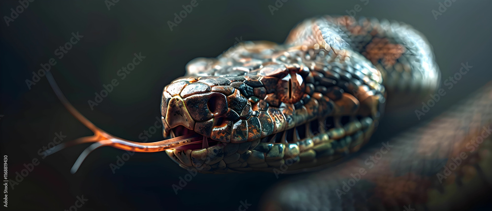 Poster close-up portrait of a vividly colored snake with forked tongue and intricate scales in a mysterious