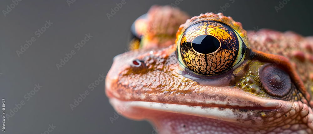 Poster close-up of colorful frog with intricate eye patterns captured in natural environment