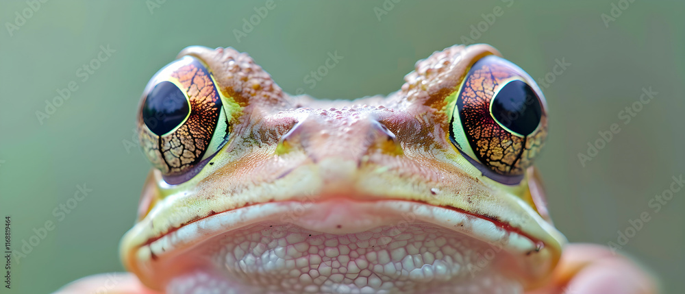 Poster close-up view of colorful frog with intricate eye pattern and textured skin, captured in nature