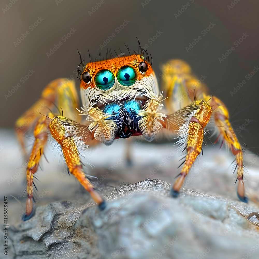 Poster close-up view of a colorful spider displaying vibrant colors and intricate details of its eyes and b