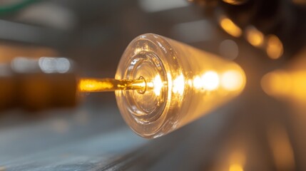 Close up of illuminated glass tube during manufacturing process showcasing warm light and detailed
