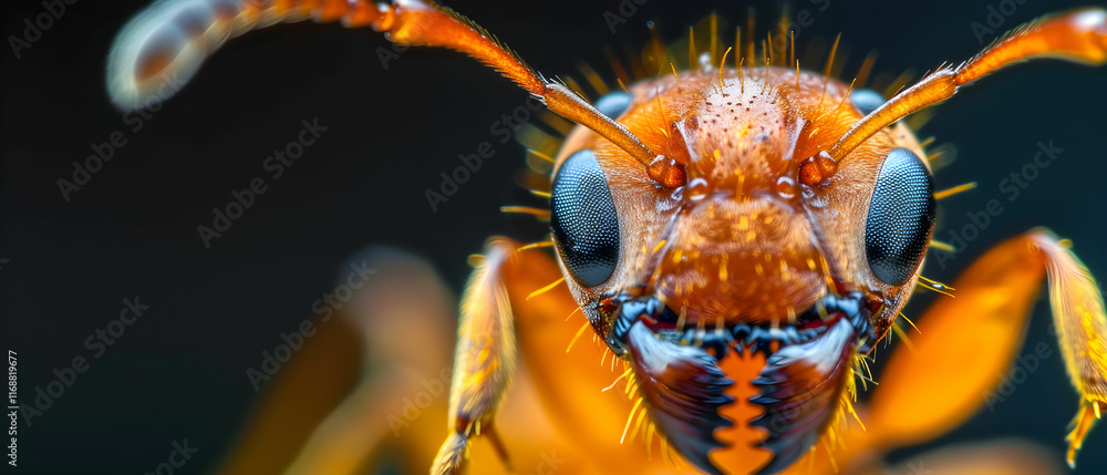 Poster close-up view of an orange ant with detailed features on a dark background