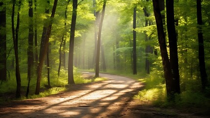 Fototapeta premium Sunlit Path Winding Through Lush Green Forest