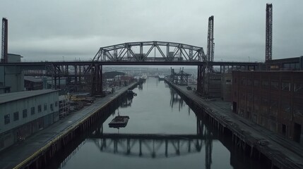 Naklejka premium Industrial Waterfront Scene with Bridge over Calm Waterway