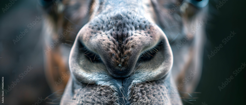 Poster close-up view of camel face featuring unique nose texture and expression in natural habitat