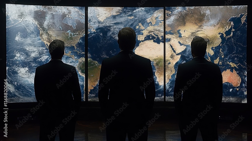 Poster three businessmen contemplating global map on large screen display