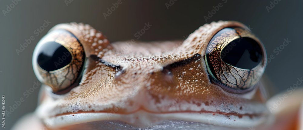 Poster close-up of a colorful frog with distinctive eyes and intricate skin patterns against a soft blurred