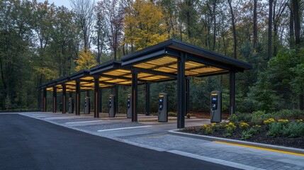 Obraz premium Modern Electric Vehicle Charging Station Under Illuminated Canopy in Wooded Area