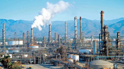 Vast Industrial Complex with Smokestacks and Blue Sky Background