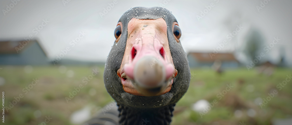 Poster close-up portrait of a curious duck in a natural setting with bright eye and wet feathers