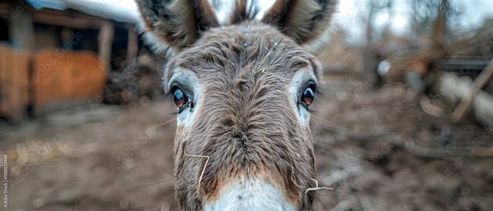 Poster close-up view of donkey face with expressive eyes and detailed fur in rustic farm setting