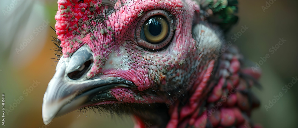 Poster close-up view of a colorful turkey with intricate feather details and unique facial features in a na