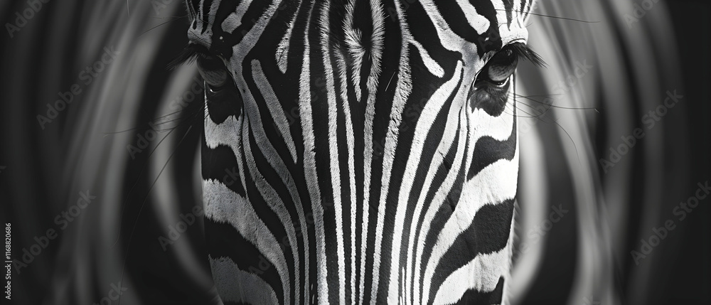 Poster striking black and white zebra close-up with abstract background patterns in monochrome style