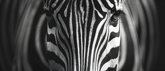 Striking Black and White Zebra Close-Up with Abstract Background Patterns in Monochrome Style