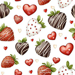 seamless pattern of chocolate covered strawberries and hearts, perfect for romantic designs
