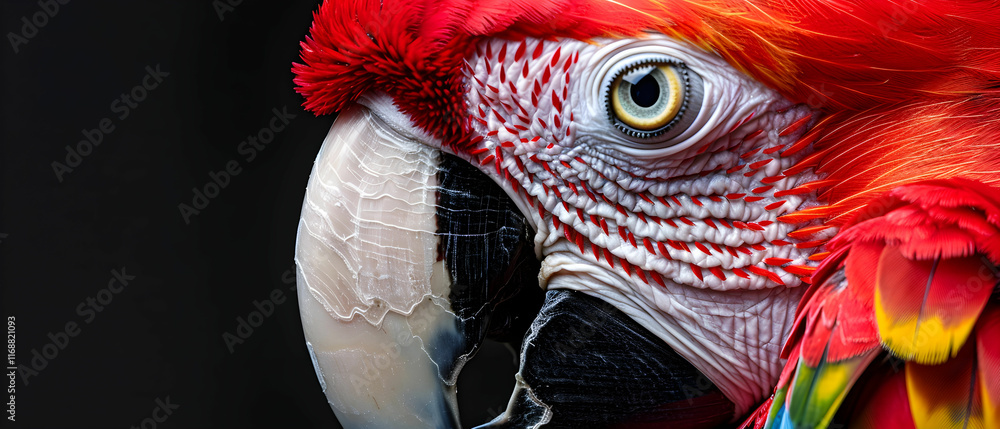 Poster stunning close-up of a vibrant red parrot displaying detailed feathers and intense eye features agai