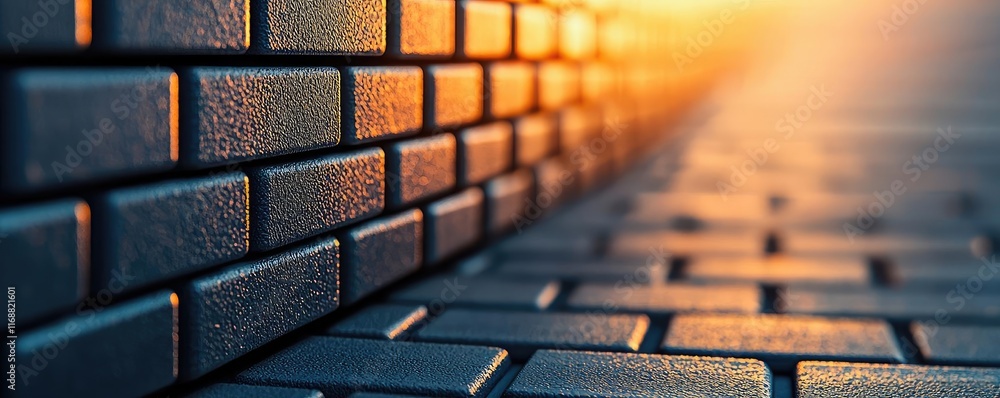 Poster grid abstract background concept. close-up view of textured brick wall illuminated by warm sunlight 