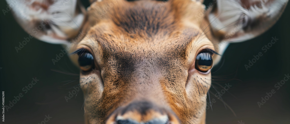 Poster close-up image of a deer showcasing its expressive eyes and unique features in a natural setting