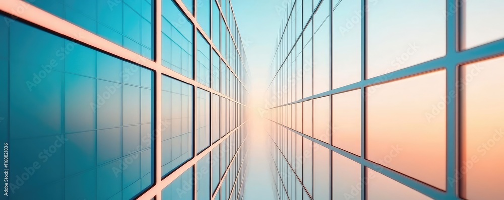 Poster grid abstract background concept. a stunning view of modern glass architecture illuminated by soft s
