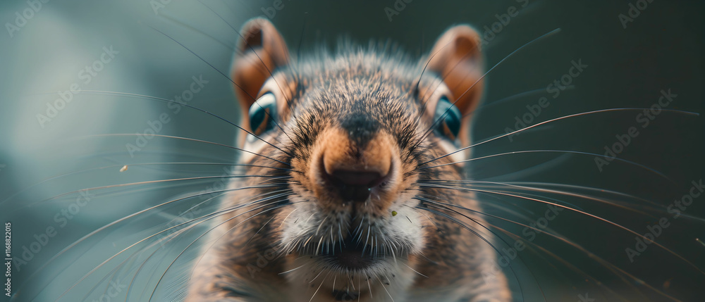 Poster cute close-up of a squirrel with whiskers and curious expression in natural setting