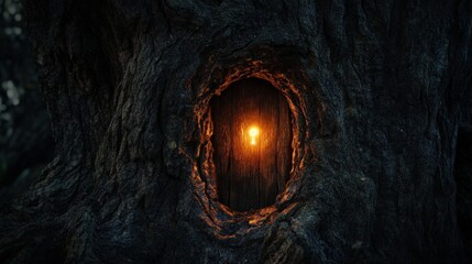 Glowing Keyhole Door Within Ancient Tree Trunk