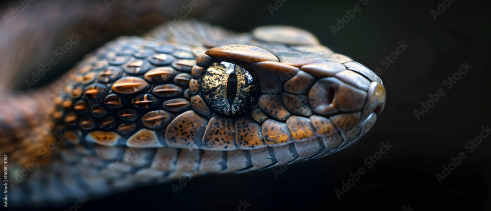 Poster close-up of a colorful snake displaying intricate scales and intense gaze in a natural habitat setti