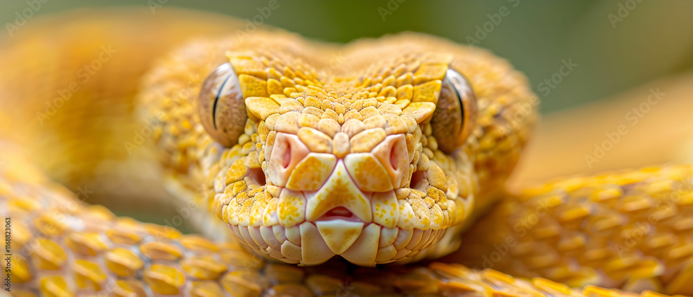 Aufkleber close-up of a yellow snake with intricate scales and a serene expression on a soft green background