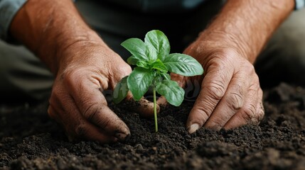 Close-up of Hands Planting Young Green Seedling in Fresh Dark Soil to Promote Growth and Sustainable Gardening Practices in Nature