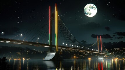 Nighttime view of illuminated bridge under a full moon and stars