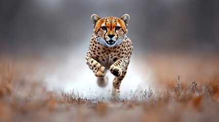 Cheetah sprinting across dry grass, blurred motion.