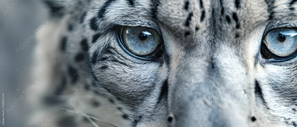 Poster close-up view of snow leopard eyes revealing intense gaze and unique patterns in fur texture and col