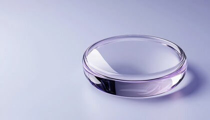 A clear glass petri dish on a smooth surface, perfect for laboratory or scientific use.