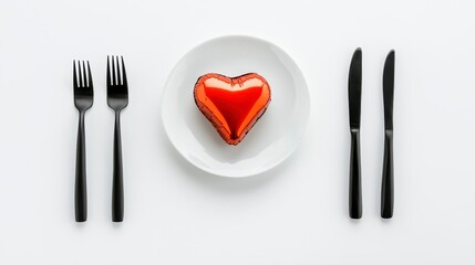 Romantic Valentine s Day Dinner Setting Red Heart Balloon on White Plate with Black Cutlery