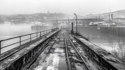 Foggy Morning at Abandoned Dock with Old Train Tracks and Water