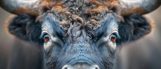 Fototapeta premium Close-Up Portrait of a Curly-Haired Bull Showcasing Powerful Features and Intense Eyes in Natural Environment