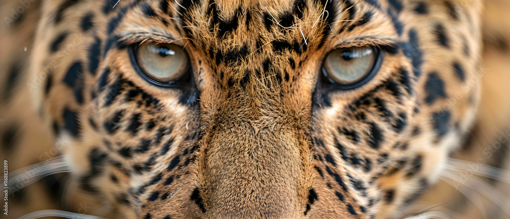 Poster close-up of a beautiful leopard face showcasing intense gaze and intricate spot patterns
