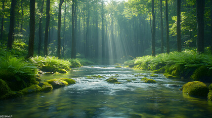 Obraz premium Photography of an untouched, wild forest with a river running through it, framed by tall trees and surrounded by lush ferns and mossy rocks.