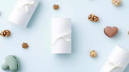 Elegant Gift Packaging Mockup White Cylindrical Boxes with Ribbons Festive Treats Decorations on
