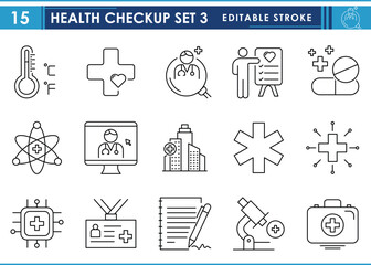 A set of line icons related to Health Checkup. Hospital, thermometer, online, digital health, microscope, first aid, ID card, and so on. Vector editable stroke.