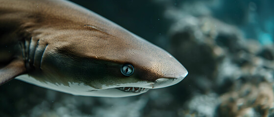 Close-Up View of a Shark Swimming Gracefully Underwater in a Vibrant Marine Environment
